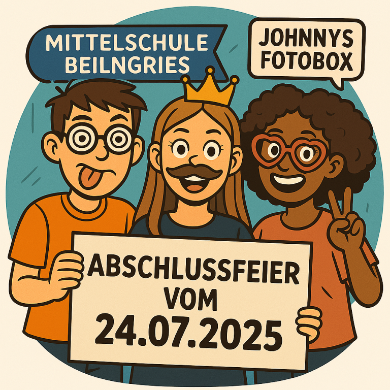 Gruppe mit festlichen Accessoires feiert Abschluss, Plakat mit Datum der Feier.