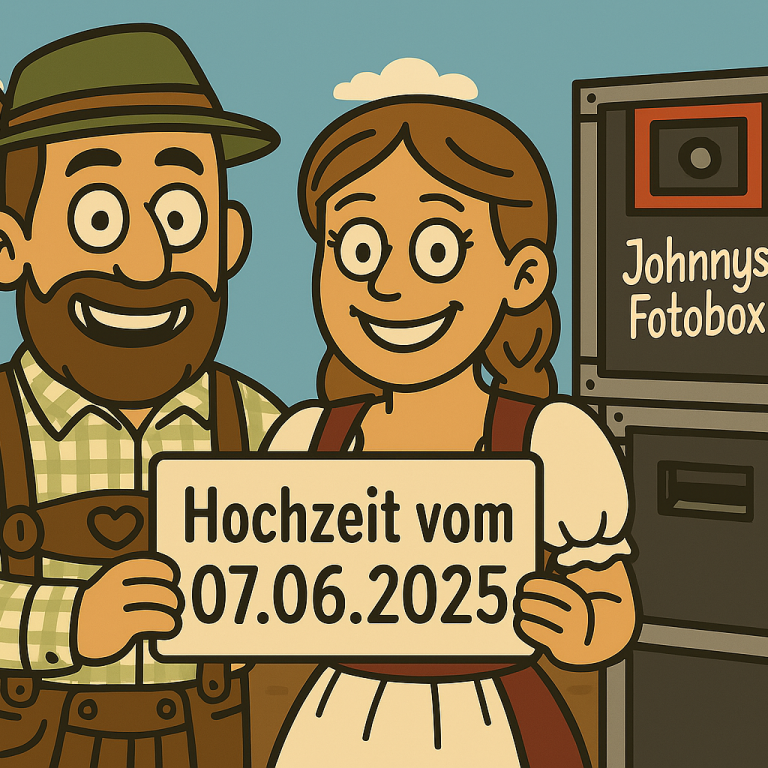 Braut und Bräutigam in traditioneller Tracht, lächeln und winken. Hochzeit am 07. Juni 2025.
