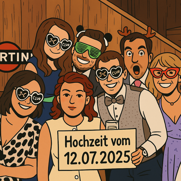 Eine Gruppe von Freunden feiert eine Hochzeit mit witzigen Accessoires und einem Schild.