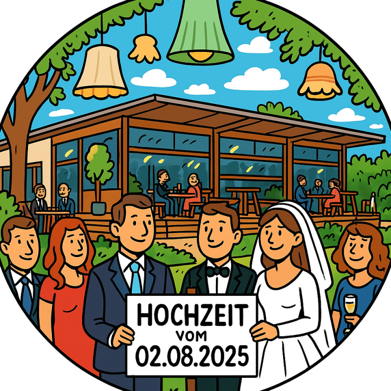 Hochzeitsfeier im Freien mit Paar, Gästen und einem Schild, dass das Datum zeigt, vor dem Co:Lab
