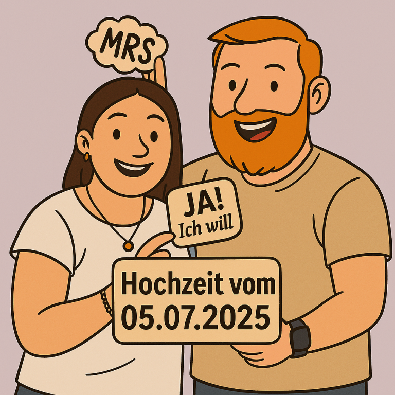 Paar hält Schilder mit Texten "MRS", "JA! Ich will" und Hochzeitsdatum 05.07.2025.