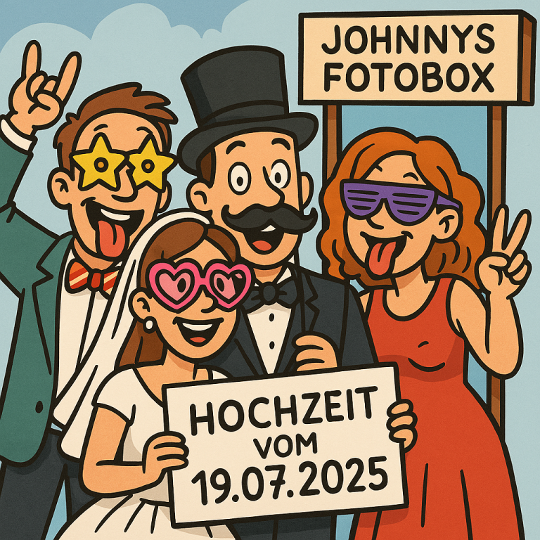 Vier Personen posieren fröhlich mit verrückten Accessoires und einem Hochzeitsschild.