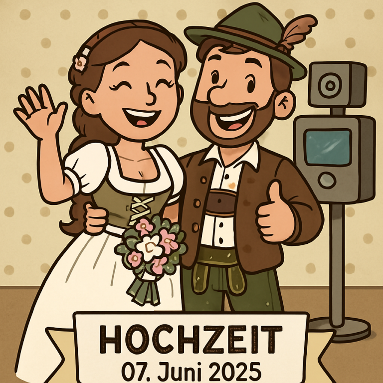 Braut und Bräutigam in traditioneller Tracht, lächeln und winken. Hochzeit am 07. Juni 2025.