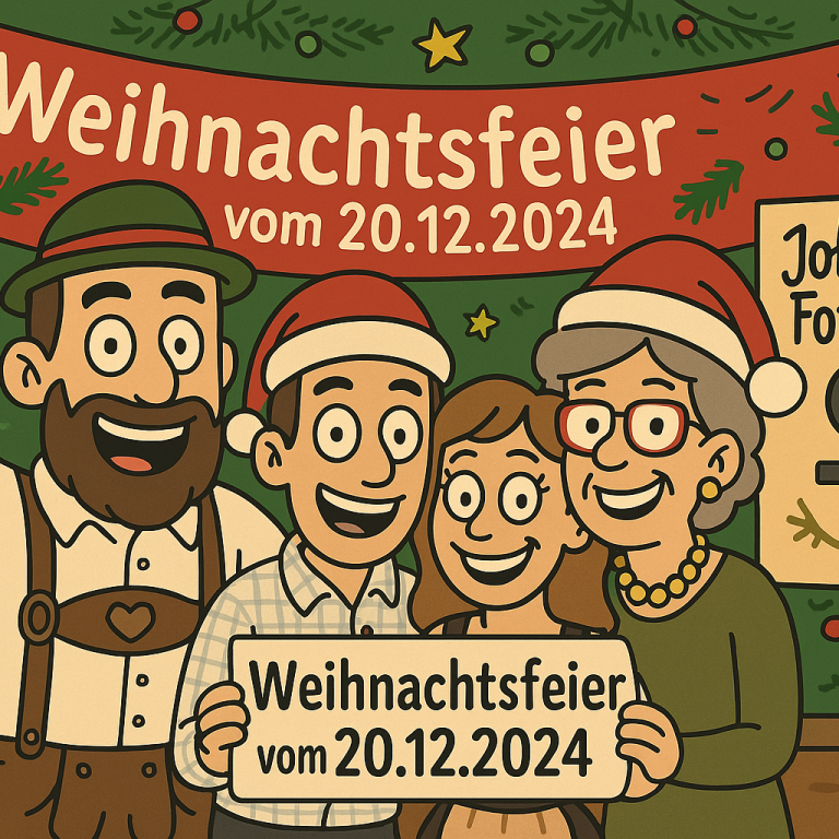 Fröhliche Weihnachtsfeier mit Mitarbeitern in festlicher Kleidung und Dekoration.