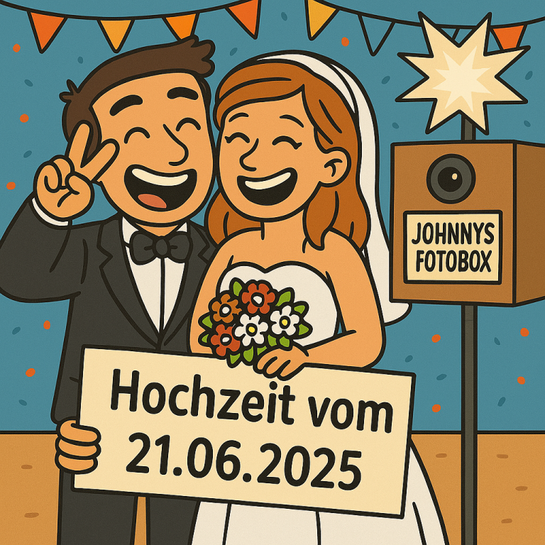 Glückliches Brautpaar hält ein Schild mit dem Datum 21.06.2025 in der Fotobox.