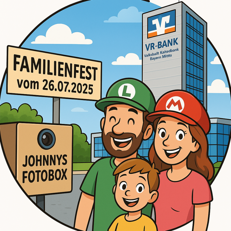 Familienfest mit lachenden Personen in Hüten vor dem Volksbankraiffeisenbank Donau Tower in Ingolstadt. Fotobox im Vordergrund.