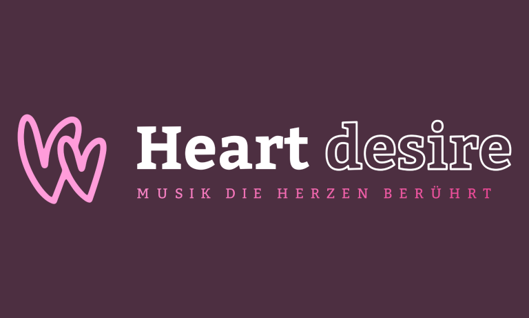 Logo von "Heart Desire" in pink und weiß mit dem Slogan "Musik, die Herzen berührt".