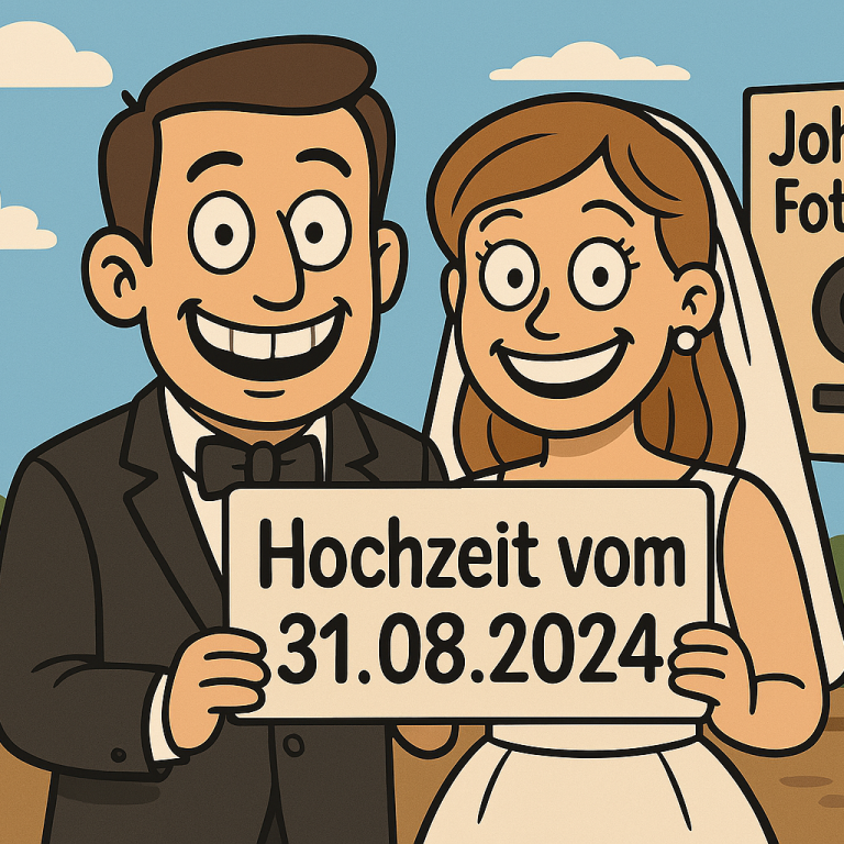 Brautpaar tanzt fröhlich, umgeben von Konfetti, mit Datum „31.08.2024“.