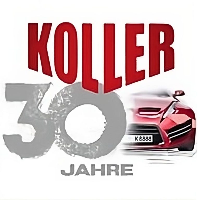 Koller feiert 30 Jahre mit stilisiertem roten Auto und markantem Text.
